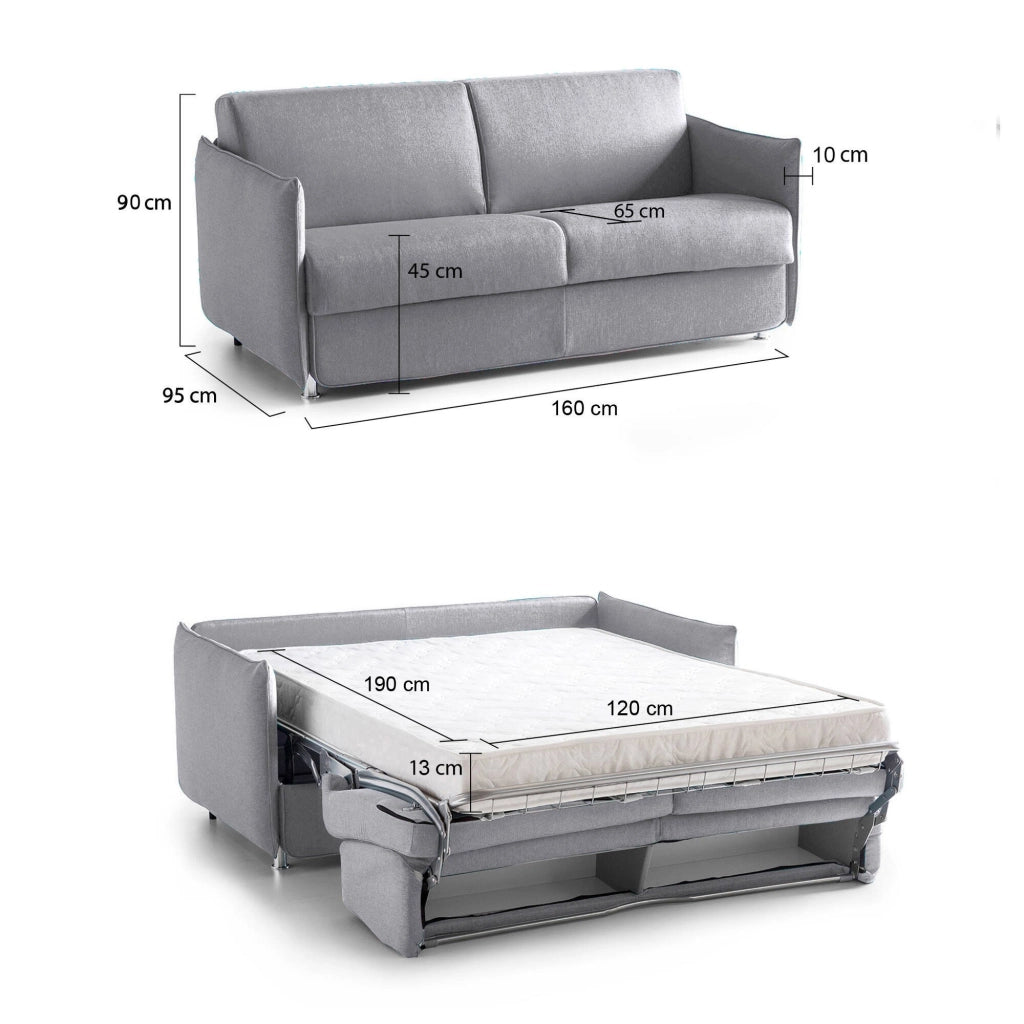 Verceia, Divano Letto 2 Posti Sfoderabile Made in Italy, 160x95 cm Grigio