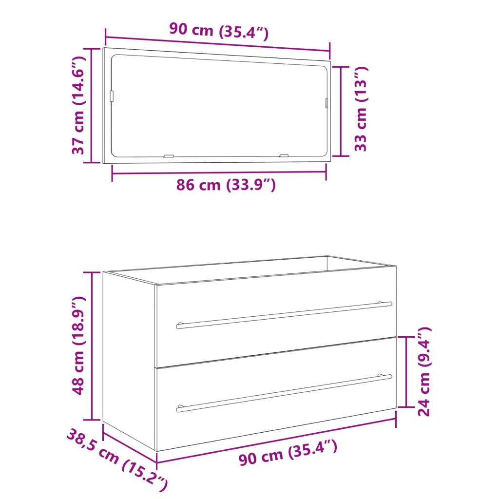 Mobile da Bagno con Specchio Rovere Nero 90x45x1,5 cm Legno Ingegnerizzato