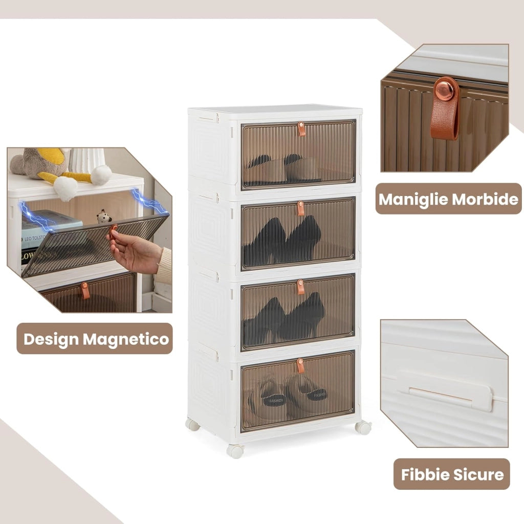 Scarpiera Pieghevole a 3/4/6 Piani, Mobile Multiuso Impilabile con Porte Trasparenti Magnetiche e Ruote Piroettanti Bloccabili, Contenitore con Coperchio per Cibi Giocattoli Abiti (4 Piani)