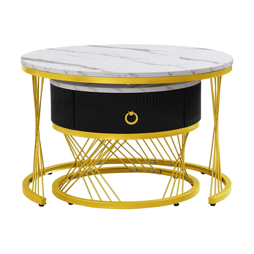 Tavolino da Caff¨¨ Set 2 Pezzi con Cassetti ¨C MINIMAL ¨C Effetto Marmo, Decoro Dorato