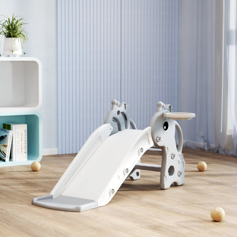 Scivolo 3 in 1 per bambini, a forma di giraffa, con canestro da basket e palla, colore grigio.