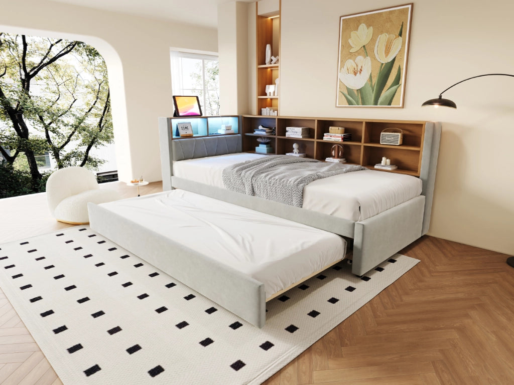 DESMIU Divano letto 90 × 200 cm 2 posti con LED, porte USB, Type-C e presa, senza materasso, grigio chiaro