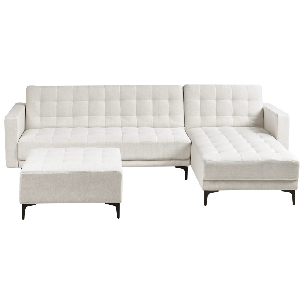 Divano letto angolare in tessuto bianco sporco versione destra con pouf moderno a L componibile