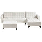 Divano letto angolare in tessuto bianco sporco versione destra con pouf moderno a L componibile