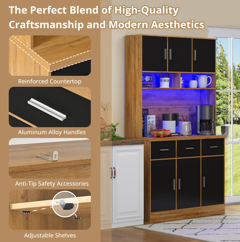 Buffet cucina 100x40x180 cm con LED; prese USB; cassetti e ripiani regolabili; naturale e nero