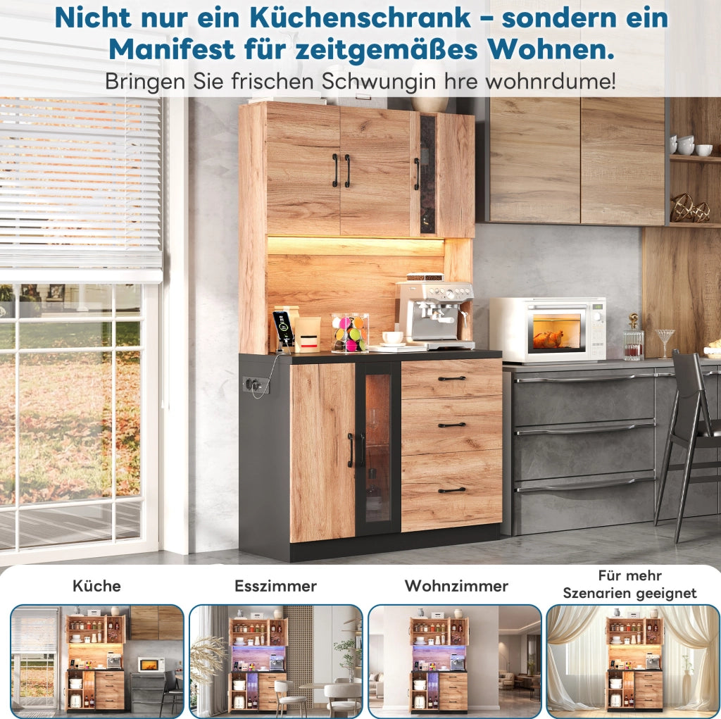 Credenza cucina moderna 105x40x180 cm in MDF; nero effetto legno con LED e prese