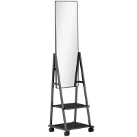 Specchio Verticale da Terra con 2 Ripiani e 4 Rotelle, in Acciaio e Legno, 42x37x155 cm, Nero
