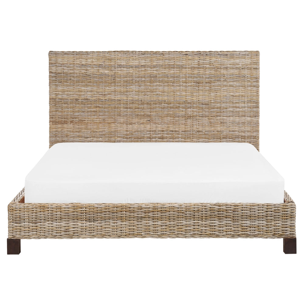 Letto a pannello Rattan naturale Legno di mogano UE Doppio 160 x 200 cm Rete a doghe Testata intrecciata Moderna Boho