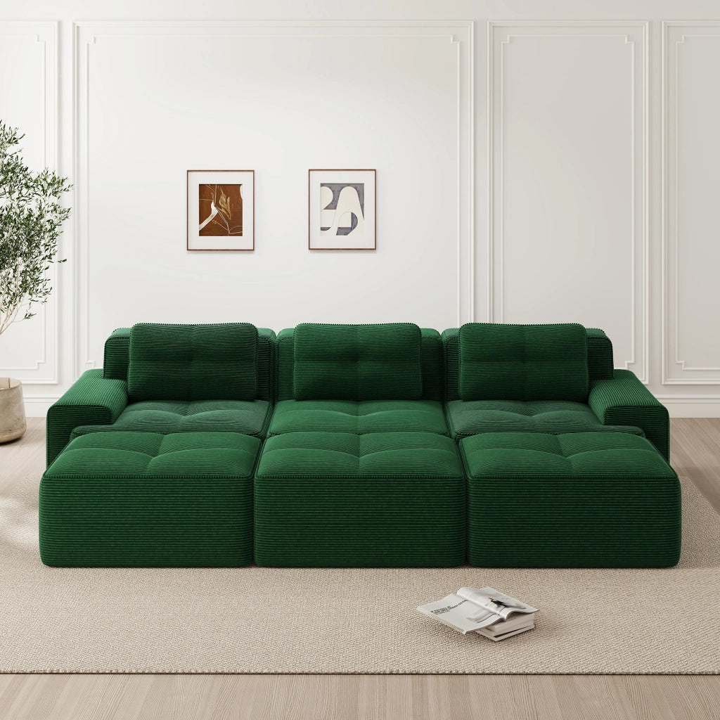 Divano Angolare Modulare 3 Posti con Schlaffunktion ¨C MINIMAL ¨C Verde, Tessuto, con 3 Sgabelli
