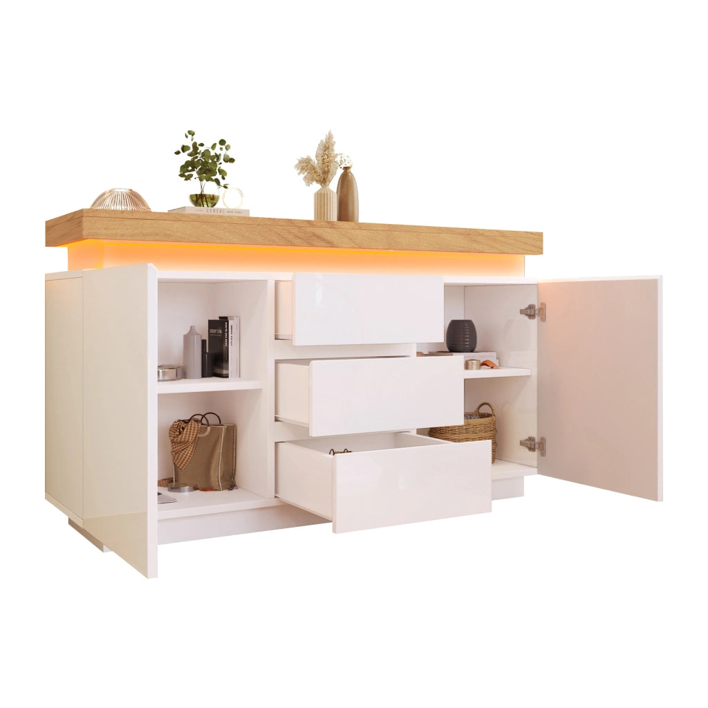 Madia con 2 Ante e 3 Cassetti e LED; Finitura Lucida; Stile Moderno; in Pannelli; Bianco; 140??39??81 cm