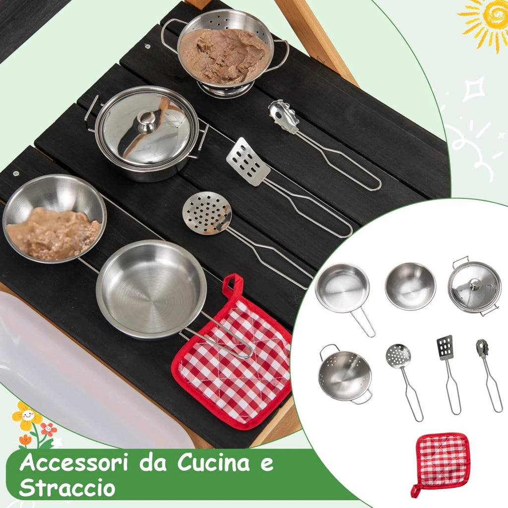 Cucina Giocattolo per Giardino in Legno di Abete, Cucina per Fango da Esterno per Bambini con Ganci, Lavagna e Lavandino, Set Cucina con 9 Accessori, 81 x 36 x 49 cm, per Bambini 3+ Anni