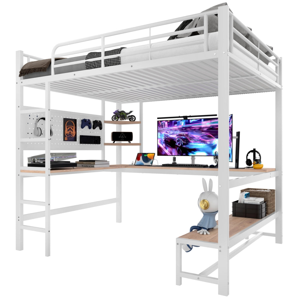 Letto a soppalco 140x200 cm con scrivania; LED e prese USB e Type-C in metallo bianco