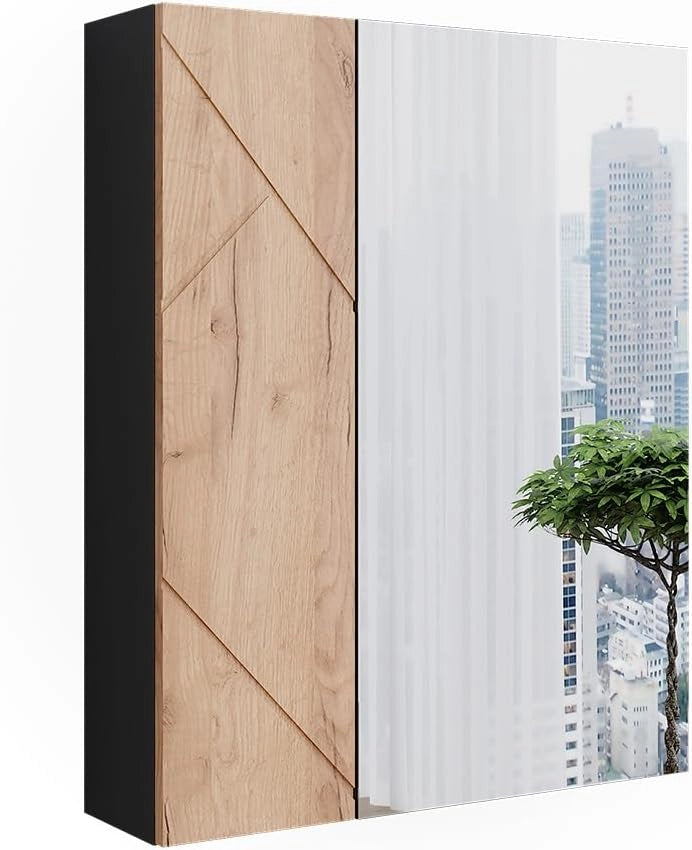 Mobile a specchio per bagno Irma, Antracite/quercia dorata, 60 x 75 cm, per montaggio a parete con superficie a specchio integrata