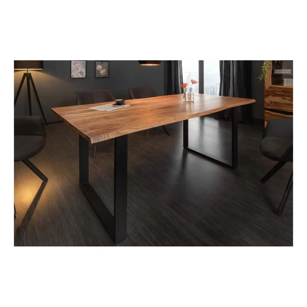 Tavolo da pranzo ARKAYA 180 cm – Piano in legno di acacia selvatica verniciato e gambe in metallo nero a U – Stile industriale
