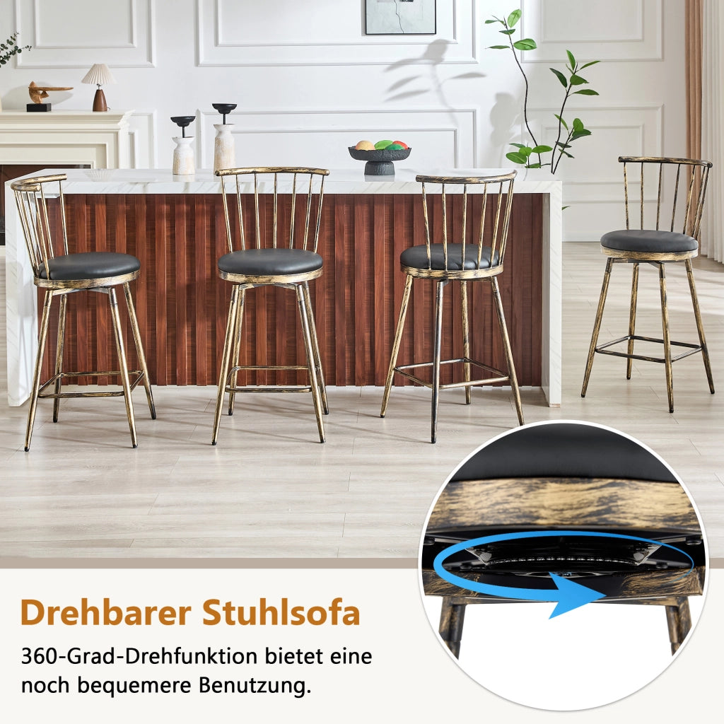Sgabello da bar imbottito con schienale Windsor e poggiapiedi in metallo e similpelle nero marrone 73 × 45,5 × 45 cm