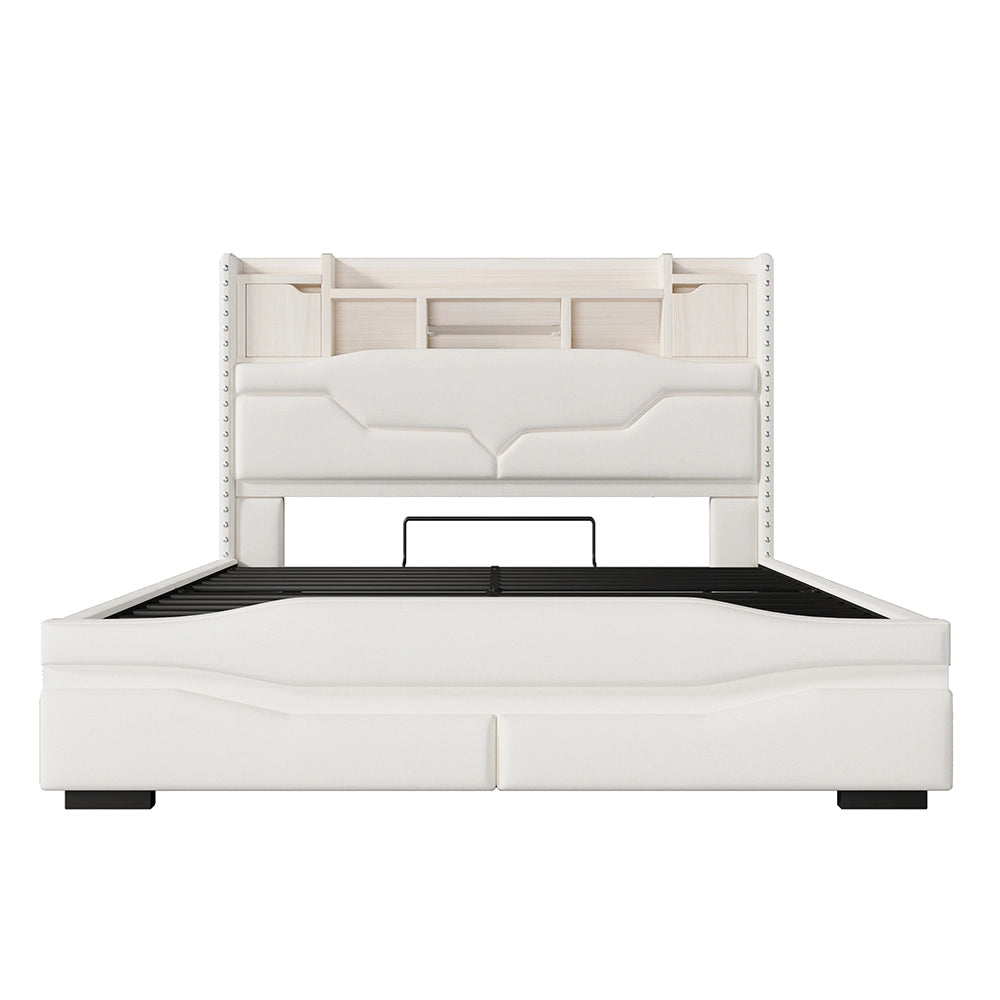 Letto matrimoniale-Xylo-140x200 cm-USB-C, LED RGB, idraulico, beige