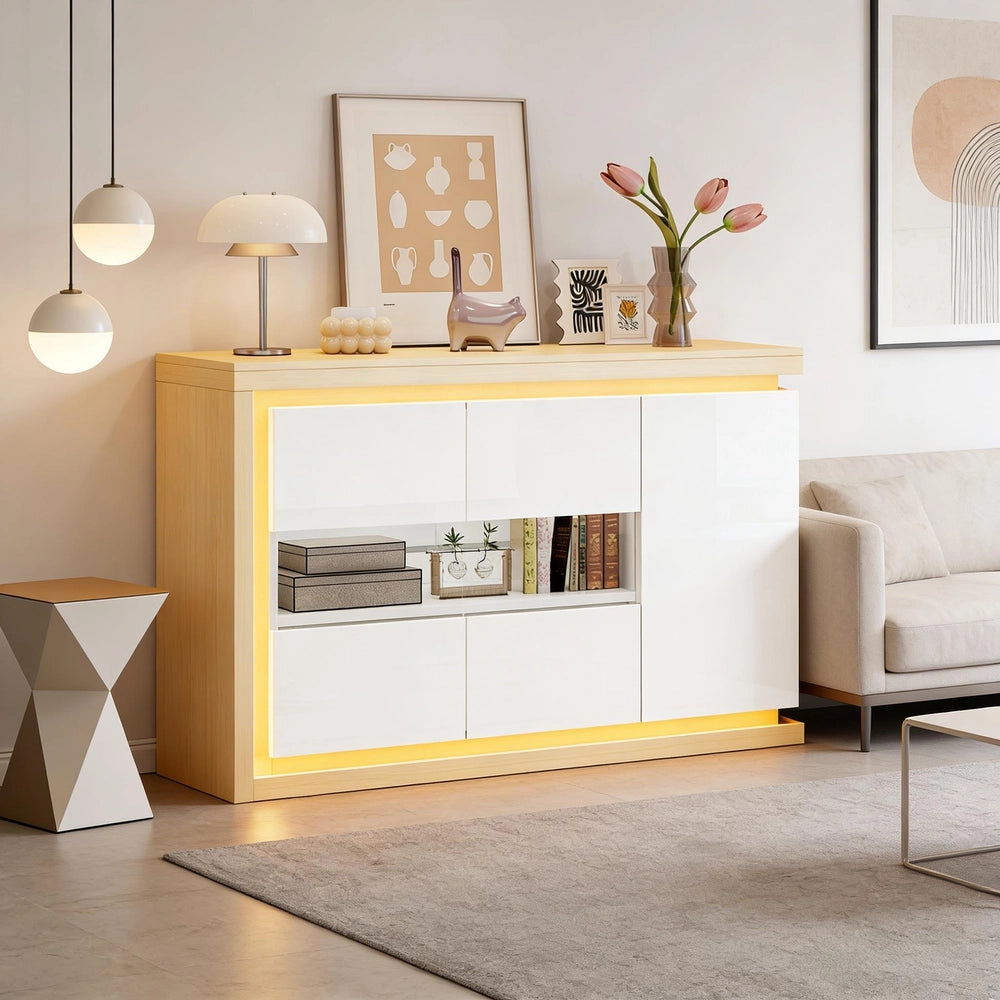 Credenza con LED ¨C MINIMAL ¨C Bianca, Ante in Vetro Temperato, Ripiani, 140x40x84