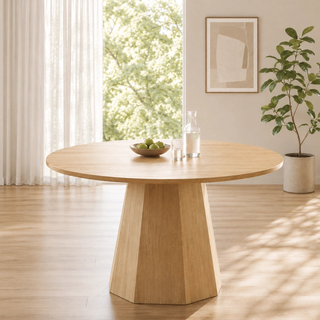 Tavolo da pranzo rotondo in MDF effetto rovere, diametro 120 cm, per 4-6 persone, design nordico