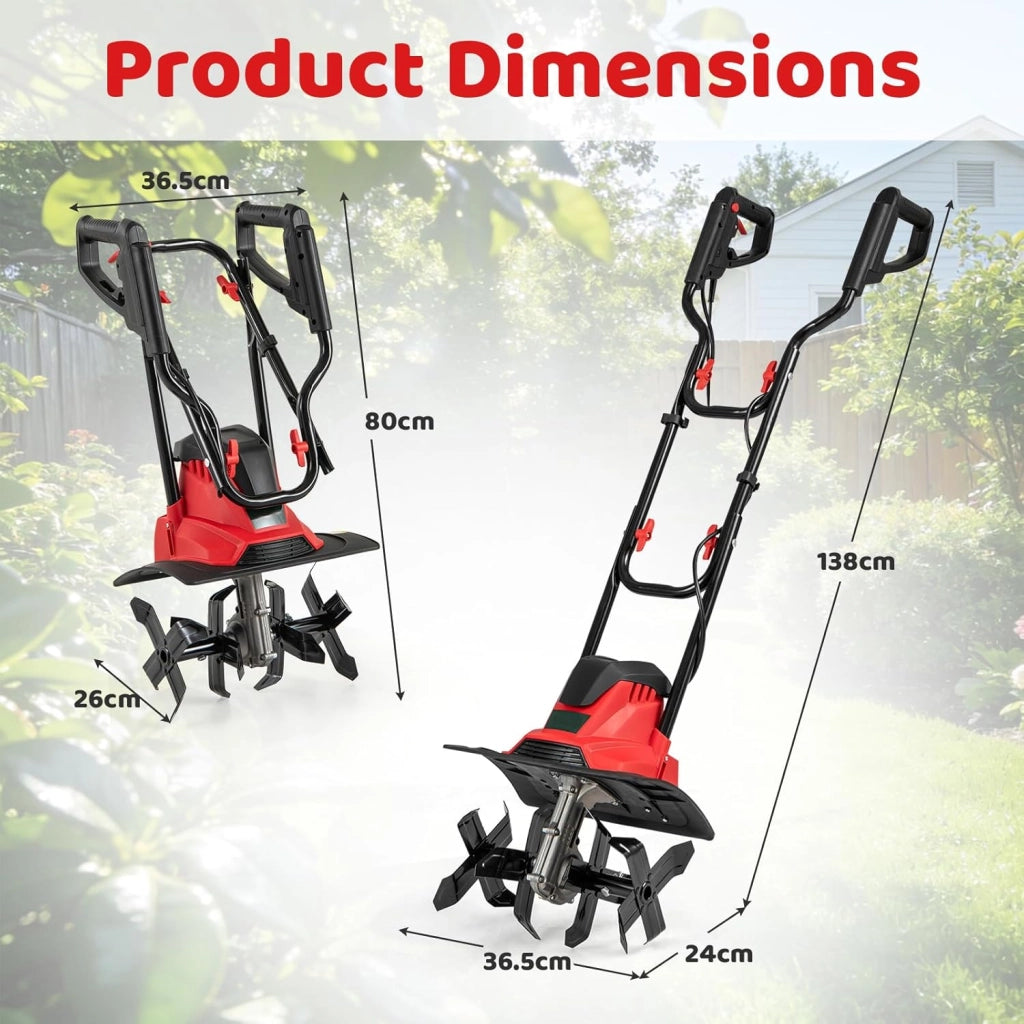 Motozappa Elettrica Pieghevole 1200W, Larghezza di Lavoro 36 cm Profondità di Lavoro 22 cm, 4 Lame, Zappatrice Elettrica per Orto e Giardino (Rosso, 36 x 24 x 138 cm)
