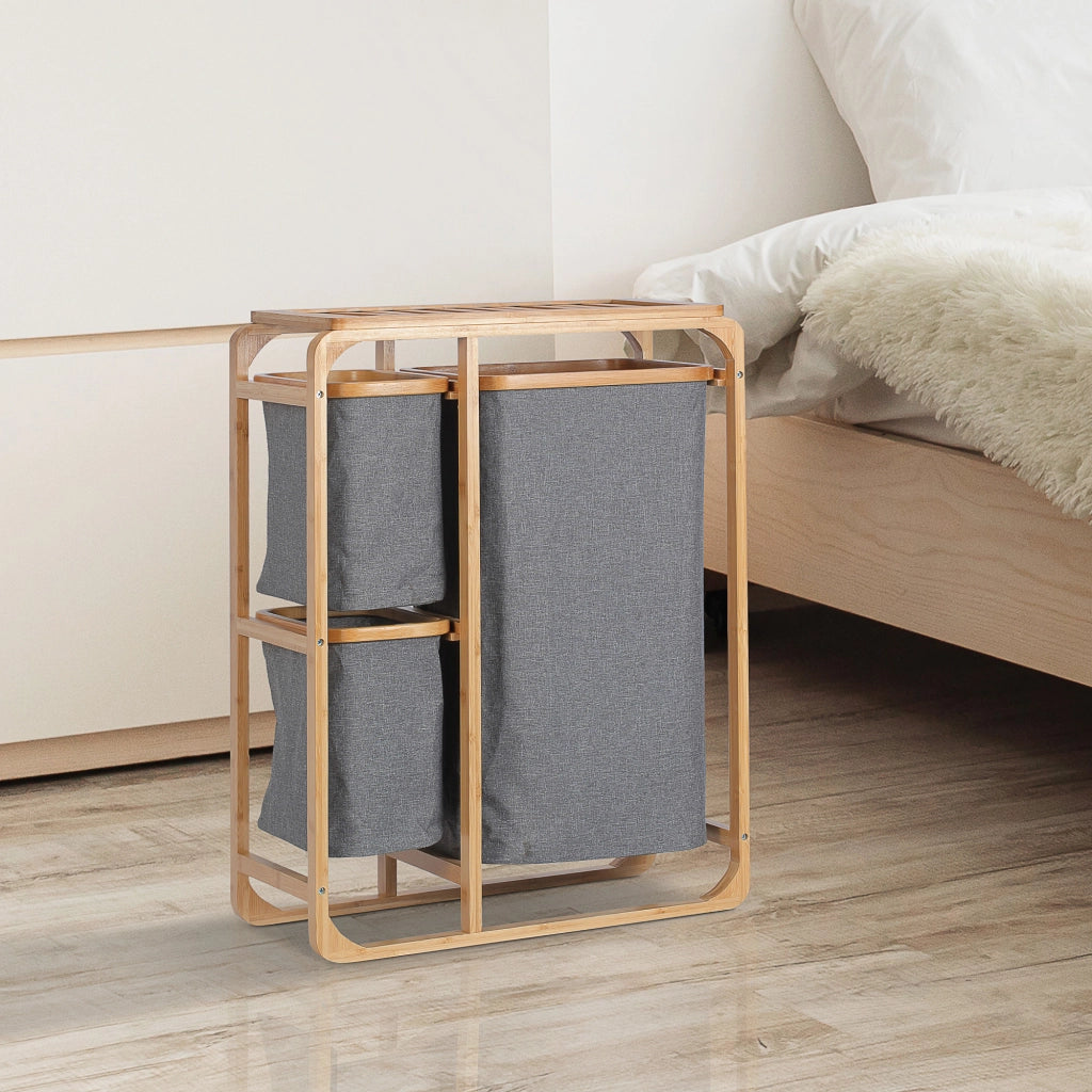 Cesto Portabiancheria con 3 Scomparti in Tessuto e Bamb¨´, 50x32x69.7cm