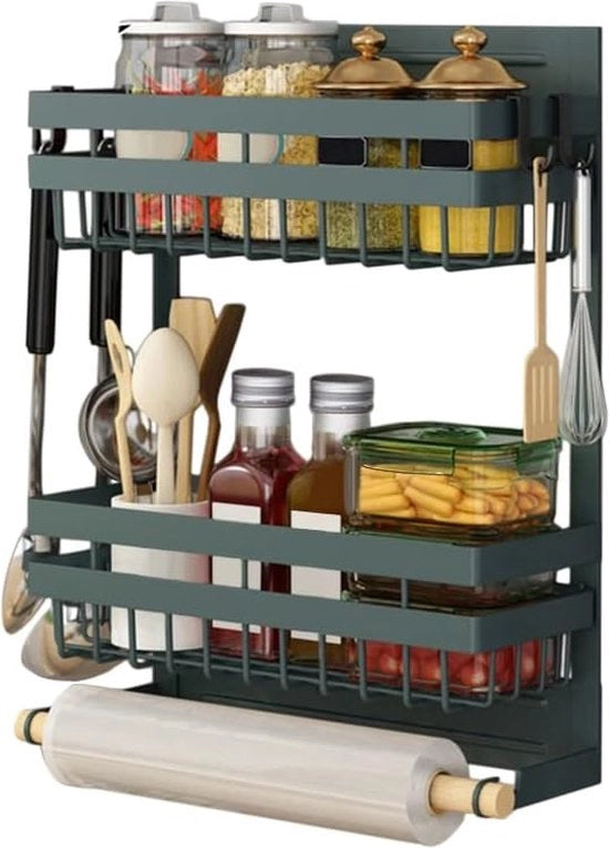Organizzatore di Spezie Magnetico a 3 Livelli per Cucina, Pannello di Organizzazione per Spezie con Sostegno per Asciugamano e 4 Ganci Mobili Rimovibili