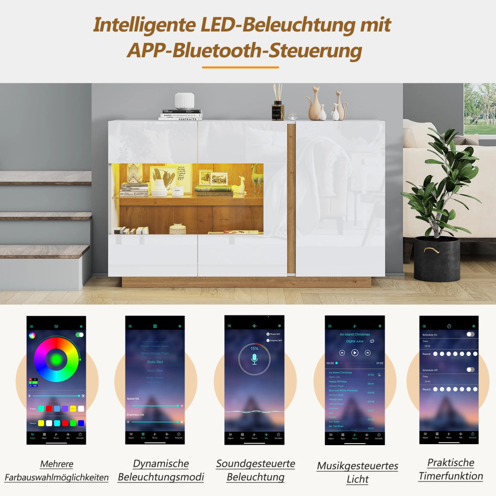 Credenza con 3 ante; illuminazione LED e inserti in vetro - 138x38.5x90.5 cm - bianco
