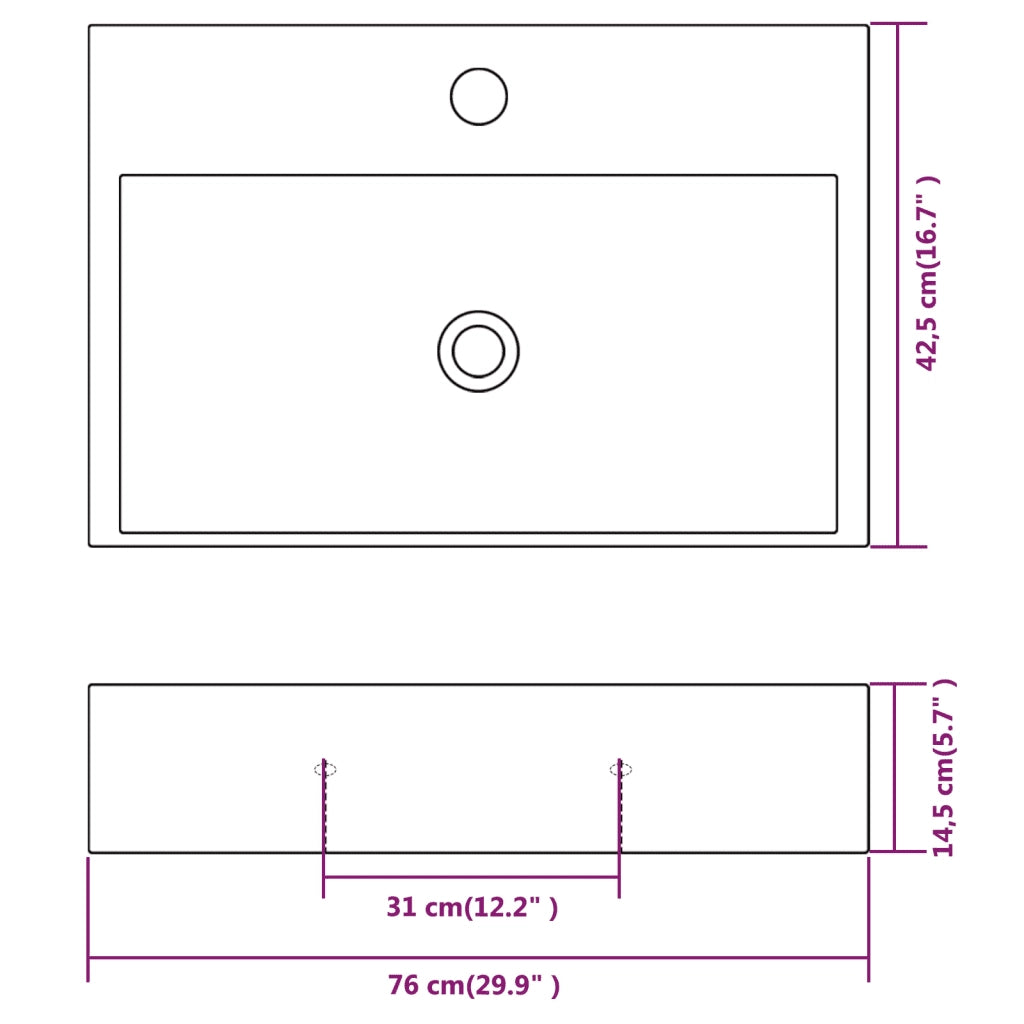 Lavandino con Foro Rubinetto in Ceramica-Lavabo-Lavello Bianca 76x42,5x14,5 cm