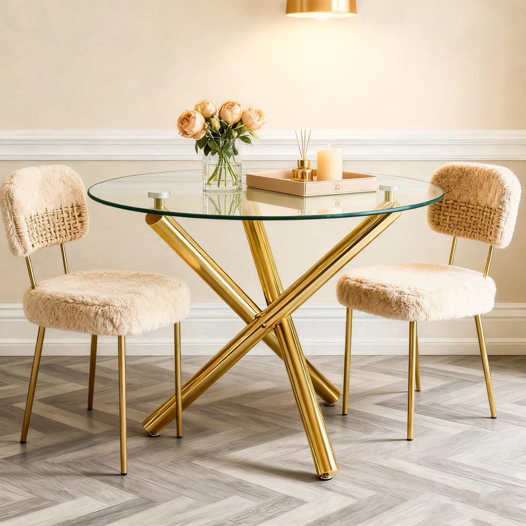 Tavolo da pranzo rotondo con piano in vetro temperato e gambe in metallo oro per 2-4 persone 80 × 80 × 76 cm