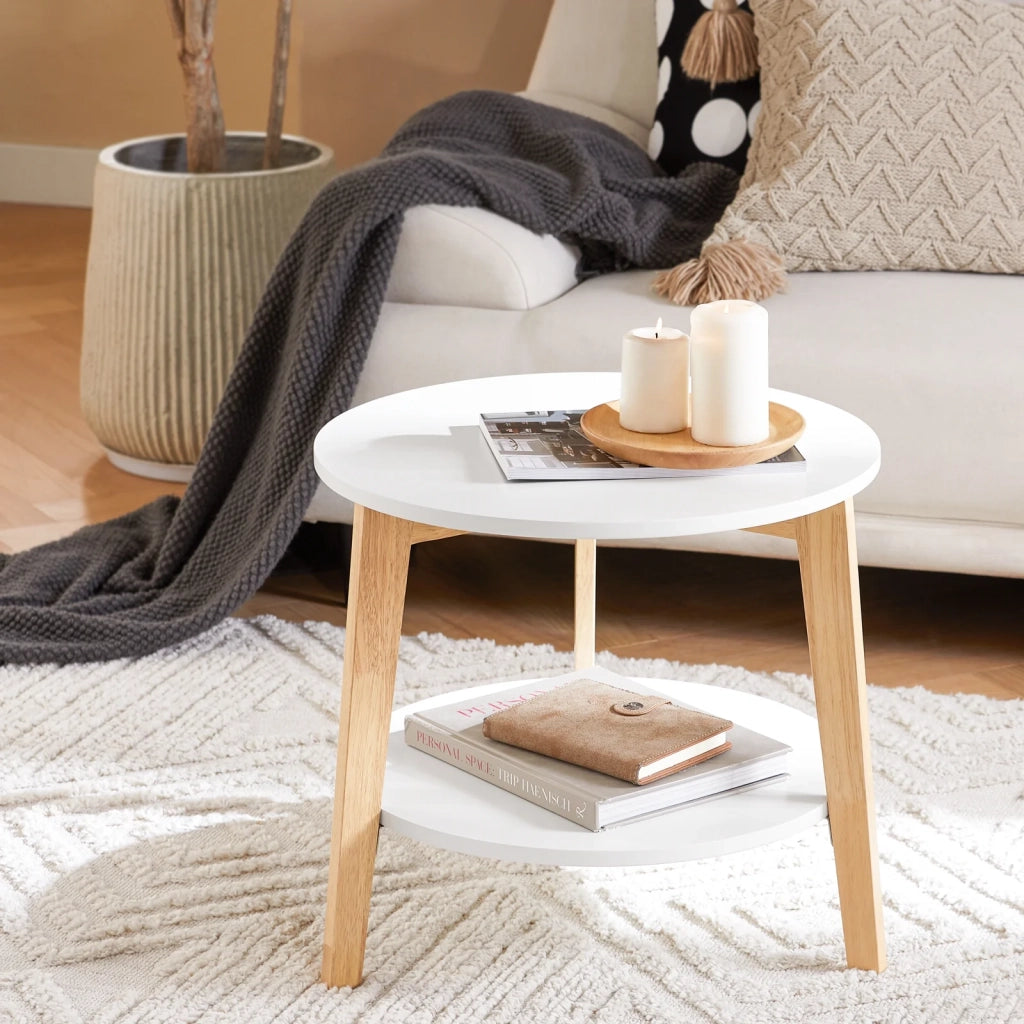 Set di 2 Tavolini Bassi da Salotto in Legno Massiccio di hevea e MDF con 4 Ripiani Bianco FBT75-W
