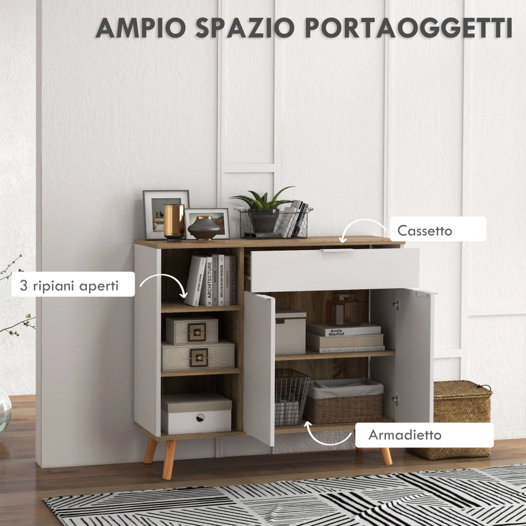 Mobile Multiuso Salvaspazio con 3 Ripiani Aperti, Armadietto e Cassetto, in Truciolato, 95x35x85 cm
