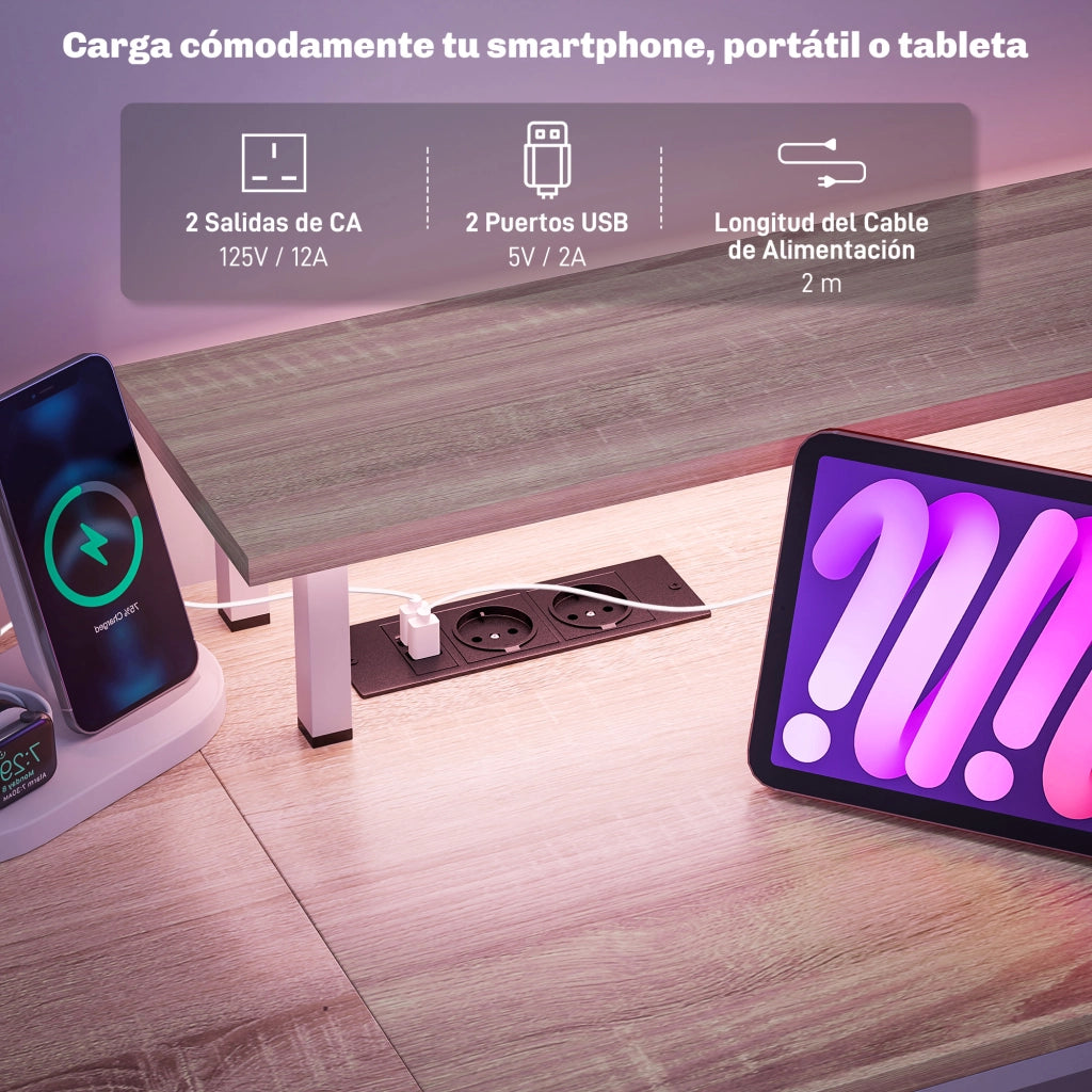 Scrivania con LED, Cassetti, Prese USB e Supporto Monitor ¨C zephmum ¨C Naturale 155.5x48x88.5 cm