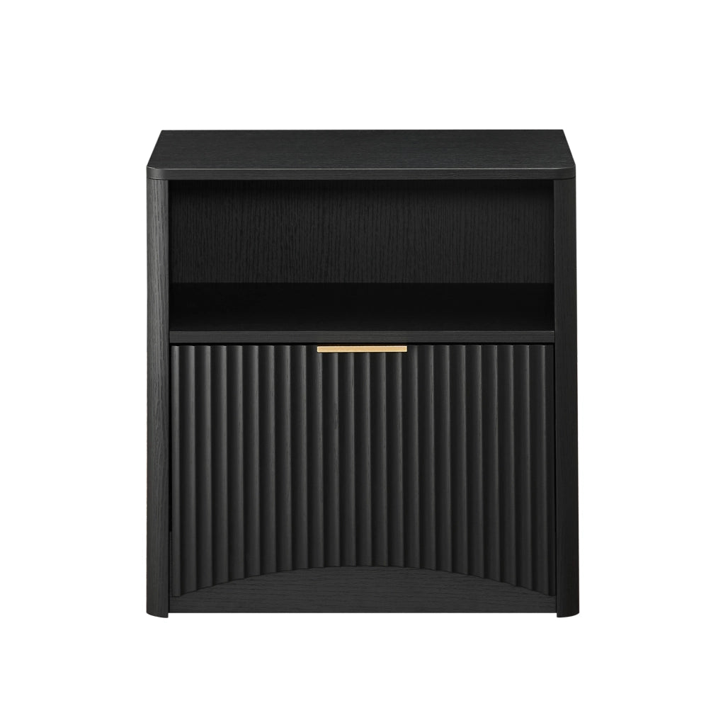 Comodino nero scanalato con cassetto e vano portaoggetti