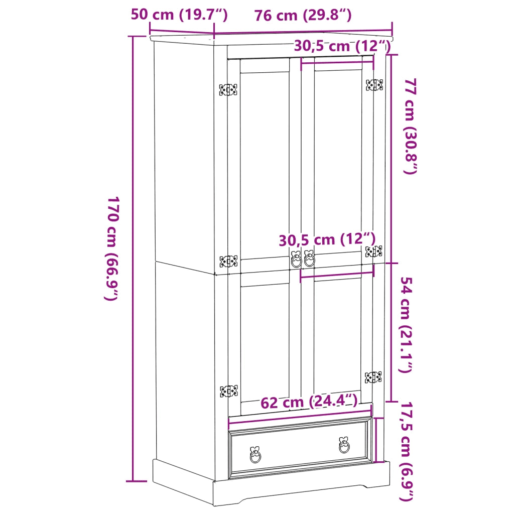 Armadio Corona 76x50x170 cm in Legno Massello di Pino CFW1890558