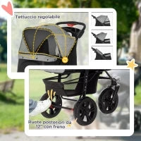 2 in 1 Passeggino per Cani Pieghevole a 3 Ruote con Freno, Cestino Portaoggetti e Porta Bottiglia, in Acciaio e Oxford, Grigio e Nero, 109.5x57.5x106.5cm