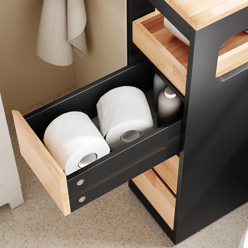 SoBuy | Mobiletto bagno salvaspazio nero con 4 ruote | Mobile bagno con 3 cassetti | Cassettiera bagno con ripiano | 23.3x65.3x82.3 cm | Capacità di carico 40 kg | BZR54-II-SCH