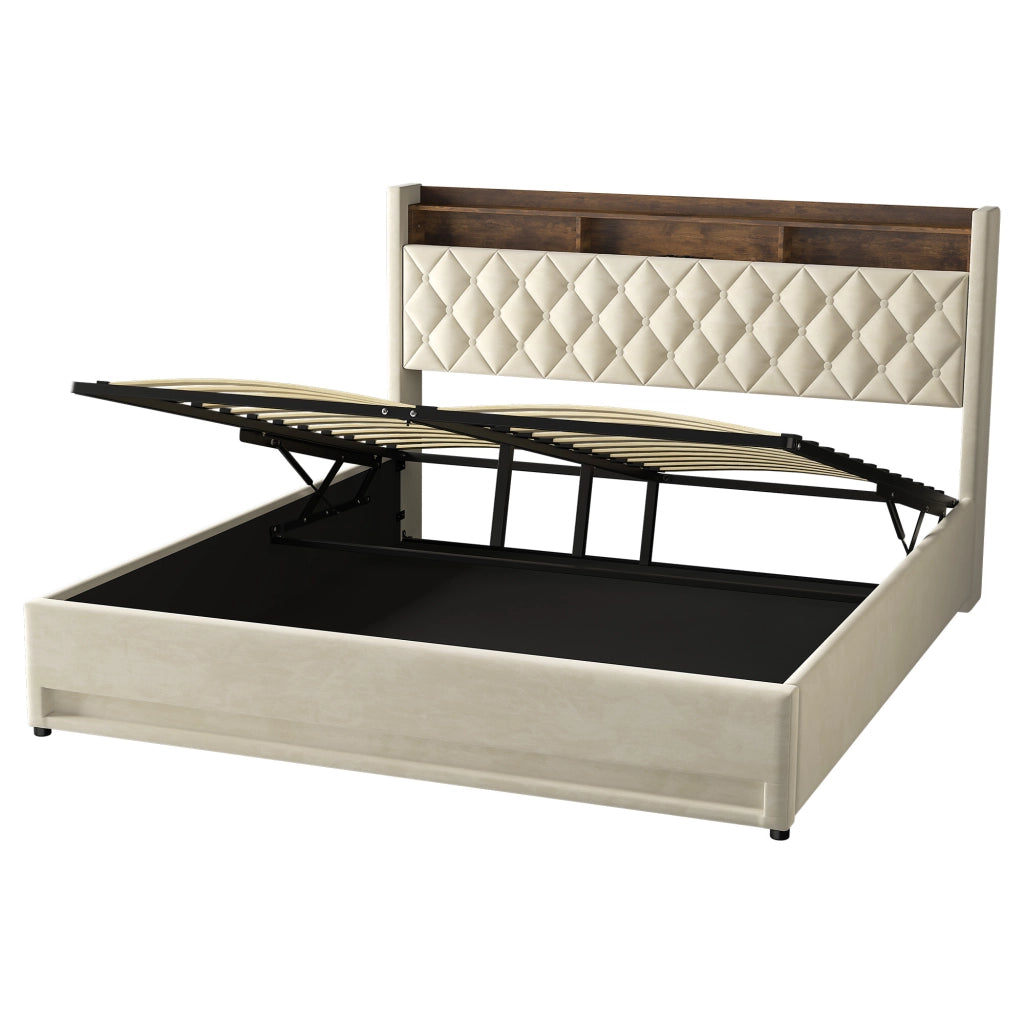 Letto imbottito beige 180x200 cm in velluto con schiuma elastica e struttura ergonomica