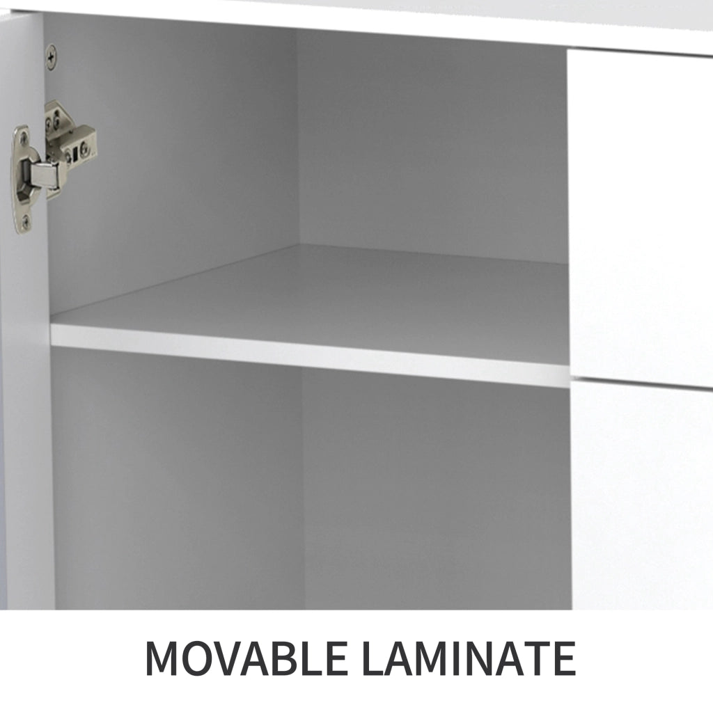 Credenza ULEVR 147x40x102 cm con 2 ante, 4 cassetti e pannelli a specchio, bianca