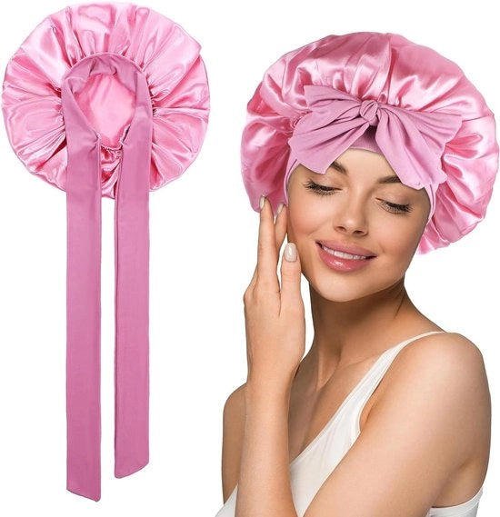 Cappello a doppia strato di seta satinata per donne da indossare durante il sonno con cintura elastica