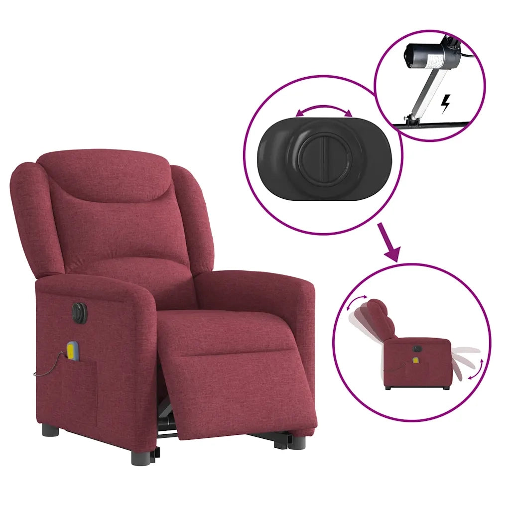 vidaXL Poltrona Alzapersona Massaggiante Elettrica Rosso Vino Tessuto