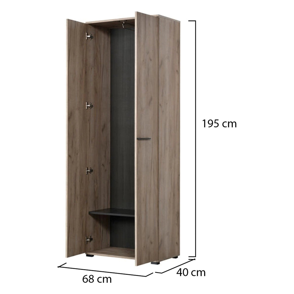Armadio Camera da Letto Pinasca, Guardaroba 2 Ante un Ripiano, 67.5x195h cm Marrone Rovere Nodi