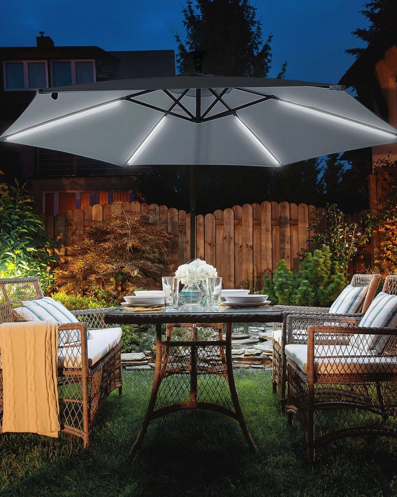 Ombrellone da giardino a sbalzo Parasole in poliestere grigio con luce a LED ø 285 cm Palo in alluminio Meccanismo a manovella da esterno