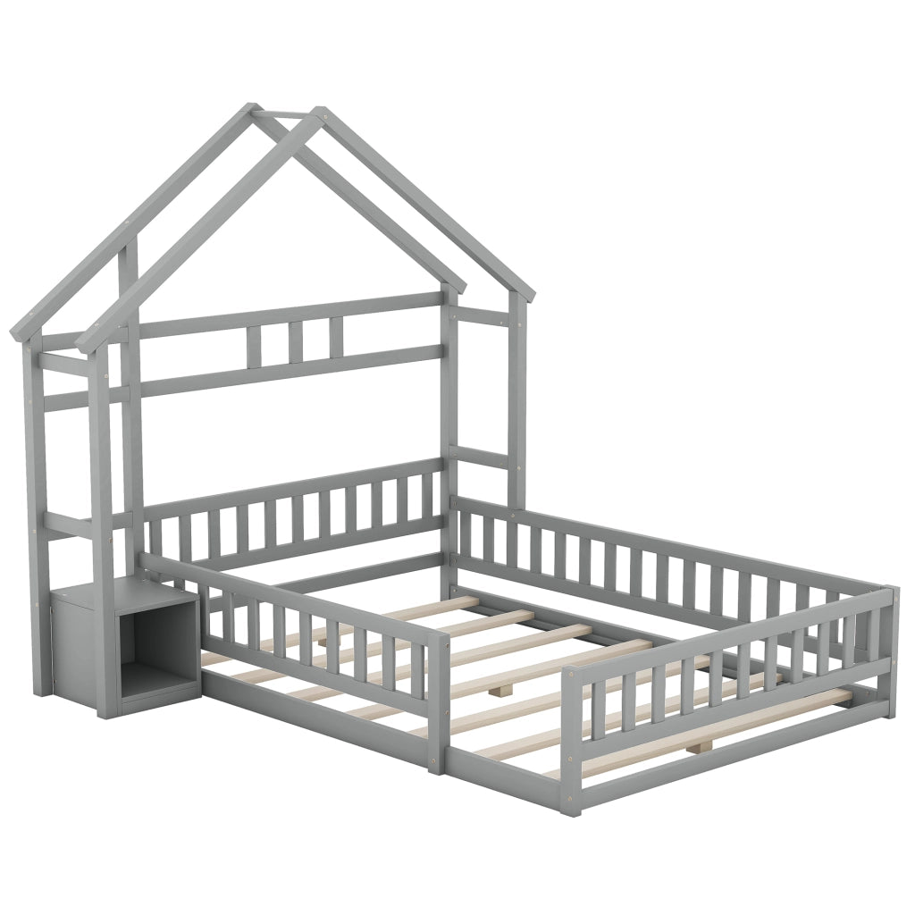 Letto per bambini a forma di casa con sponde e comodino, 140x200 cm, grigio