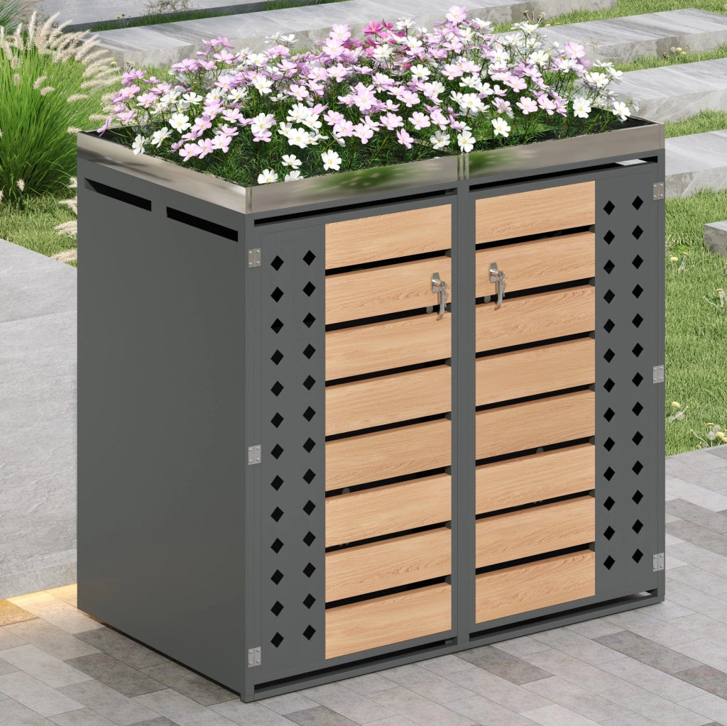 Box copri bidoni rifiuti a 4 scomparti con fioriera integrata; acciaio zincato grigio effetto legno