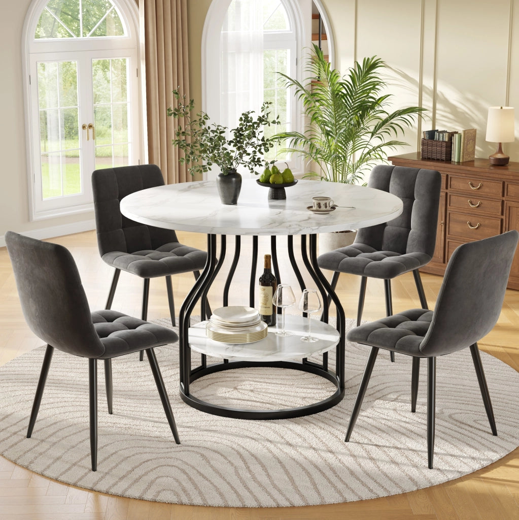 Set da pranzo 5 pezzi， tavolo 80 cm in MDF effetto marmo nero e grigio