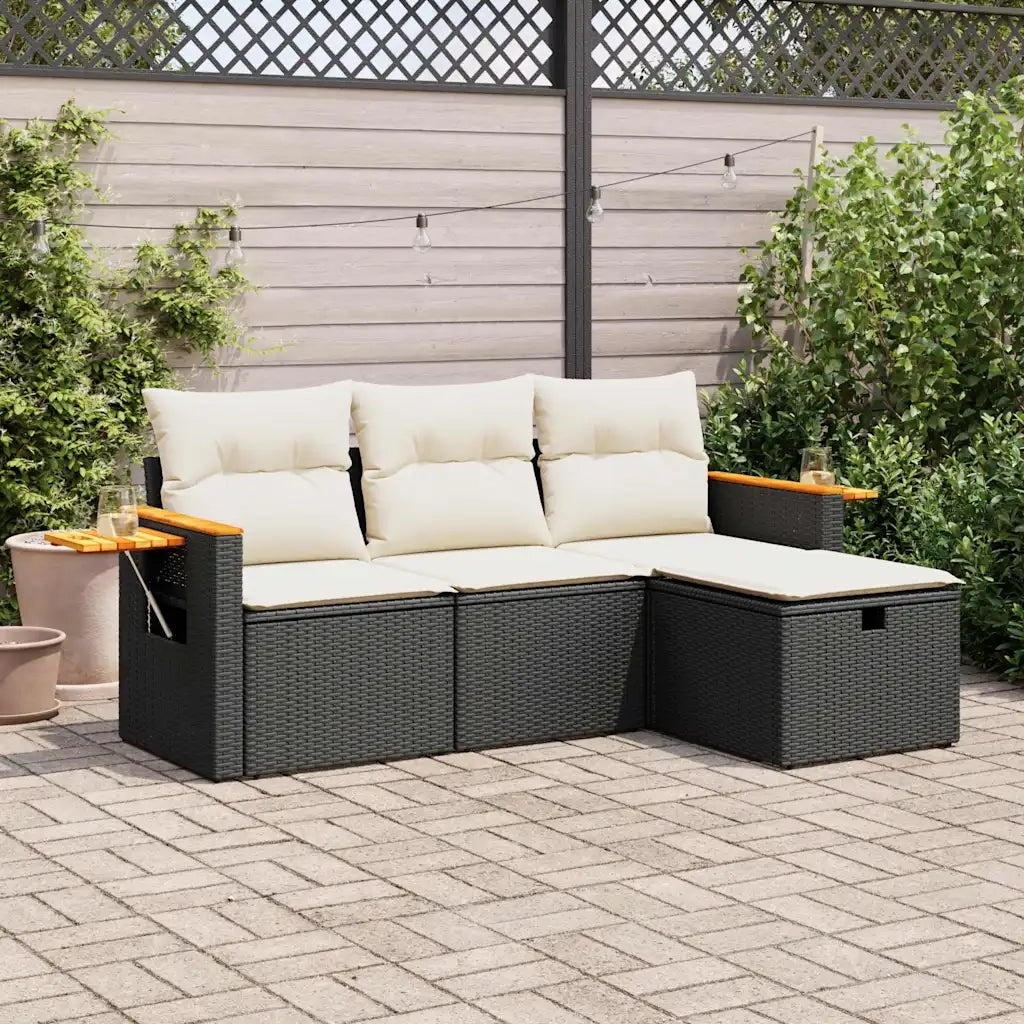 Set Divani da Giardino 4 pz | Set Salotto da Giardino con Cuscini Nero in Polyrattan