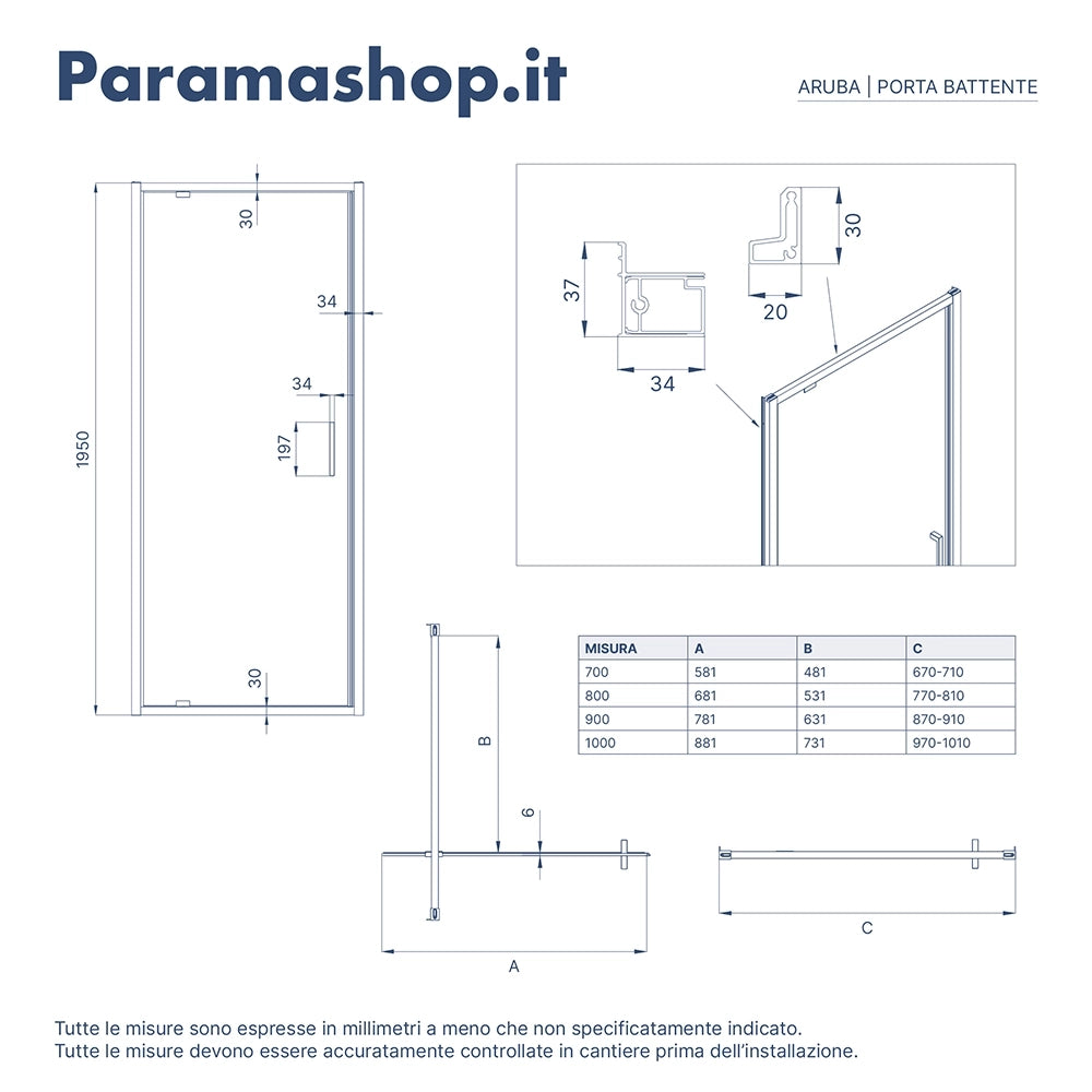 Porta doccia 80cm apertura a battente vetro 6mm opaco | Aruba