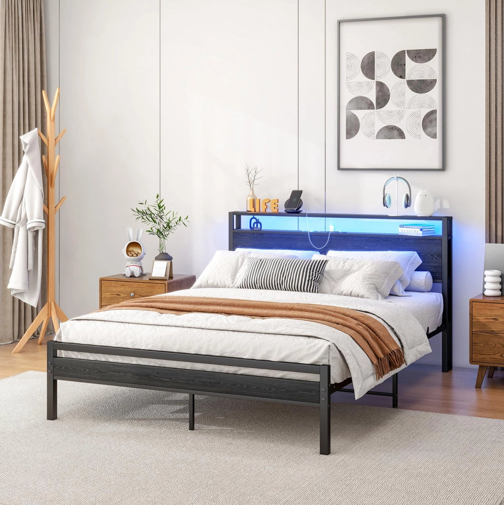LETTO 140x200 cm con contenitore, metallo e MDF, nero, USB e LED