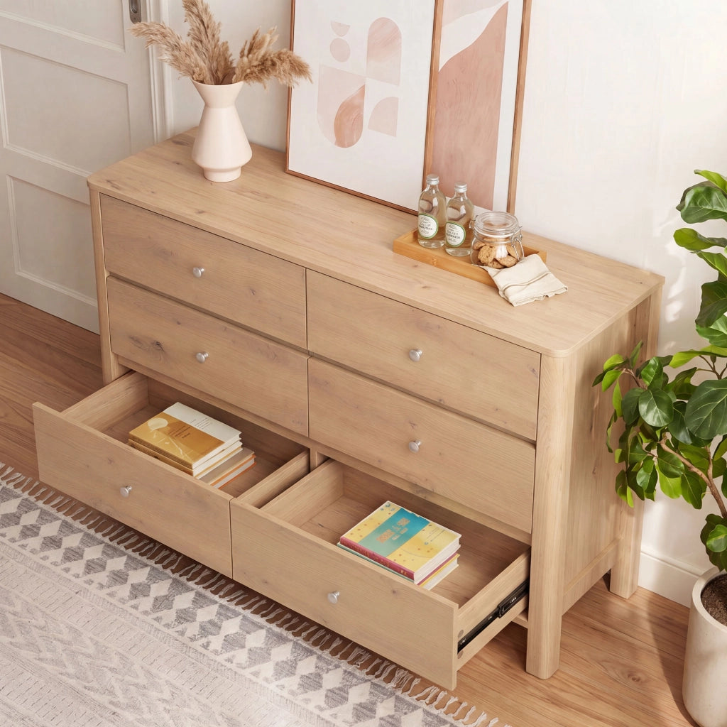 Cassettiera con 6 cassetti e guide in metallo, per soggiorno e camera da letto, in truciolare rovere, 120 × 40 × 80 cm
