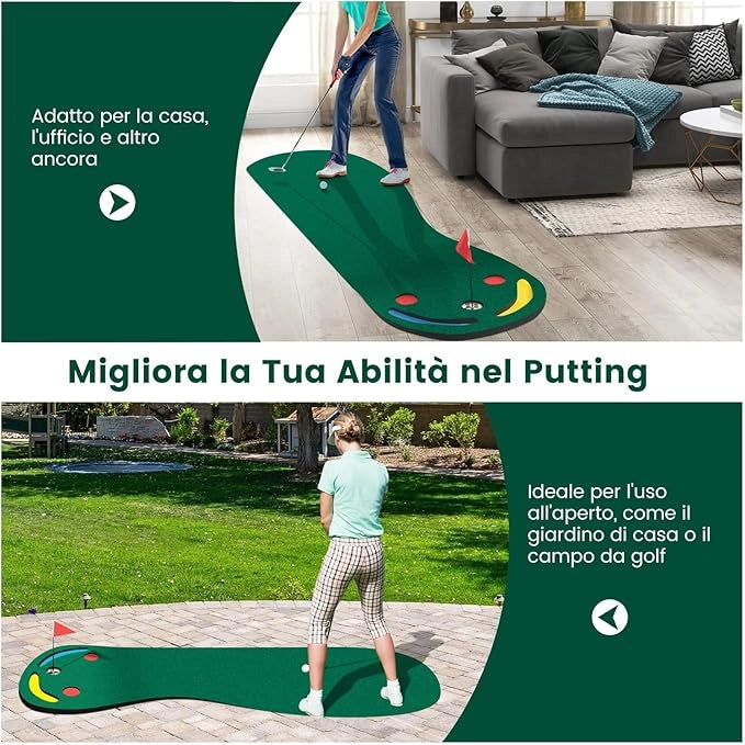 Set di Putting da Golf, Tappetino da Putting con 3 Fori per il Putting, 1 Bandierina e Coperture per Buca da Golf per Allenarsi al Putting, Putting per Uso Interno ed Esterno, 300 x 96 CM