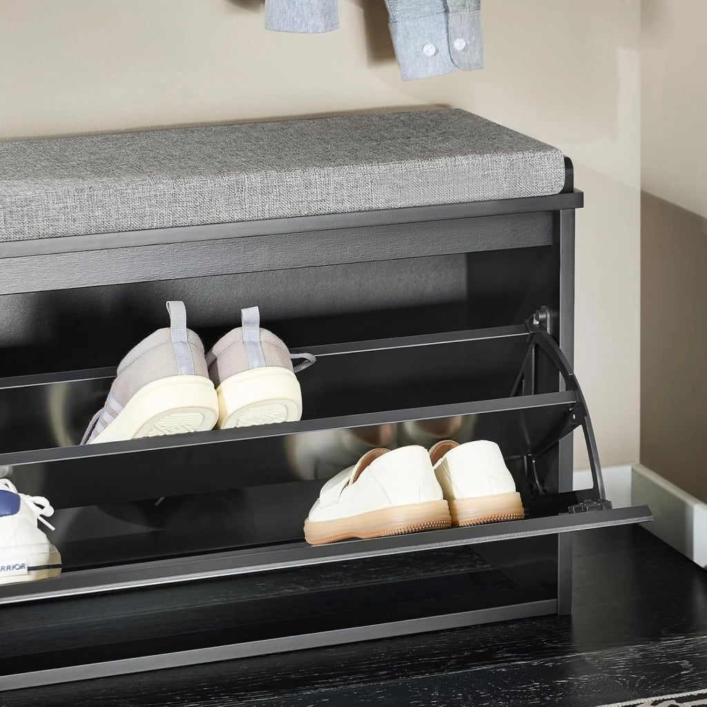 Panca Scarpiera da Ingresso - Scarpiera Salvaspazio Slim in Legno, Panca Contenitore per 6-8 Paia di Scarpe, 155kg di Carico, Nero, 80x26x45cm, FSR98-L-SCH